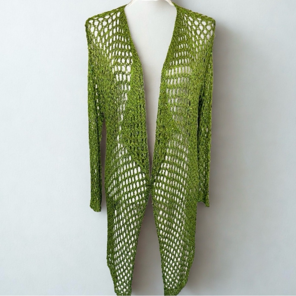 POL Green Boho Open-Knit Sequin Waterfall Cardigan Women Size Small